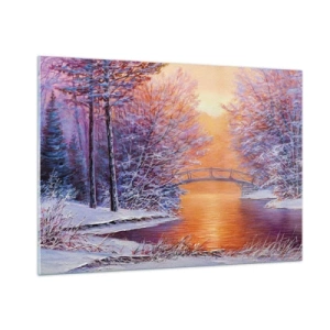 Quadro su vetro - Paesaggio invernale con un ponte e alberi innevati al tramonto - 100x70cm - Incontriamoci qui - Decorazione murale moderna per soggiorno e camera da letto ARTTOR