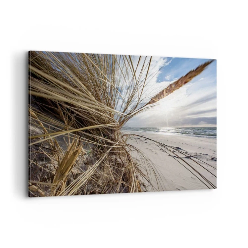 Quadro su tela - Stampe su Tela - Una spiaggia con erba secca sulle dune e vista sul mare - 120x80cm - L'incontro degli elementi - Decorazione murale moderna per soggiorno e camera da letto ARTTOR