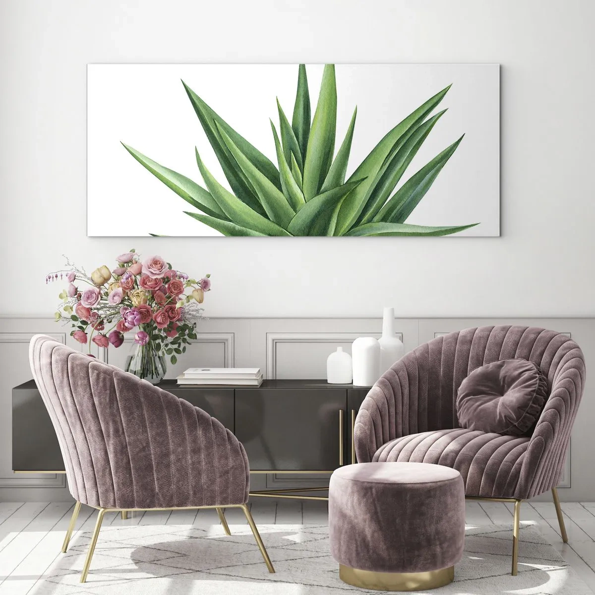 Quadro su vetro - Una pianta verde succosa su uno sfondo bianco - 140x50cm - Verde - forza - vita - Decorazione murale moderna per soggiorno e camera da letto ARTTOR