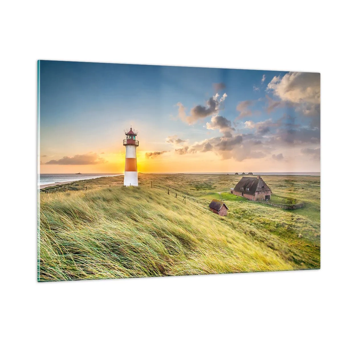 Quadro su vetro - Un faro al tramonto su un mare in tempesta - 120x80cm - Tra le onde - Decorazione murale moderna per soggiorno e camera da letto ARTTOR