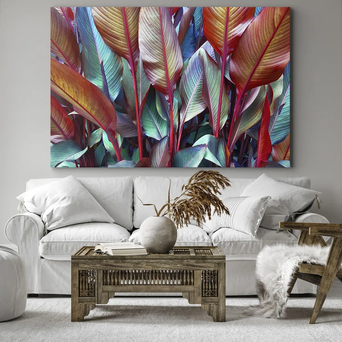 Quadro su tela - Stampe su Tela - Foglie colorate di piante tropicali nel folto - 70x50cm - Selva colorata - Decorazione murale moderna per soggiorno e camera da letto ARTTOR
