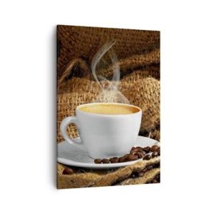 Quadro su tela - Stampe su Tela - Una tazza di caffè circondata da un sacchetto di chicchi di caffè - 50x70cm - L'odore di caffè con la schiuma del colore del miele - Decorazione murale moderna per soggiorno e camera da letto ARTTOR