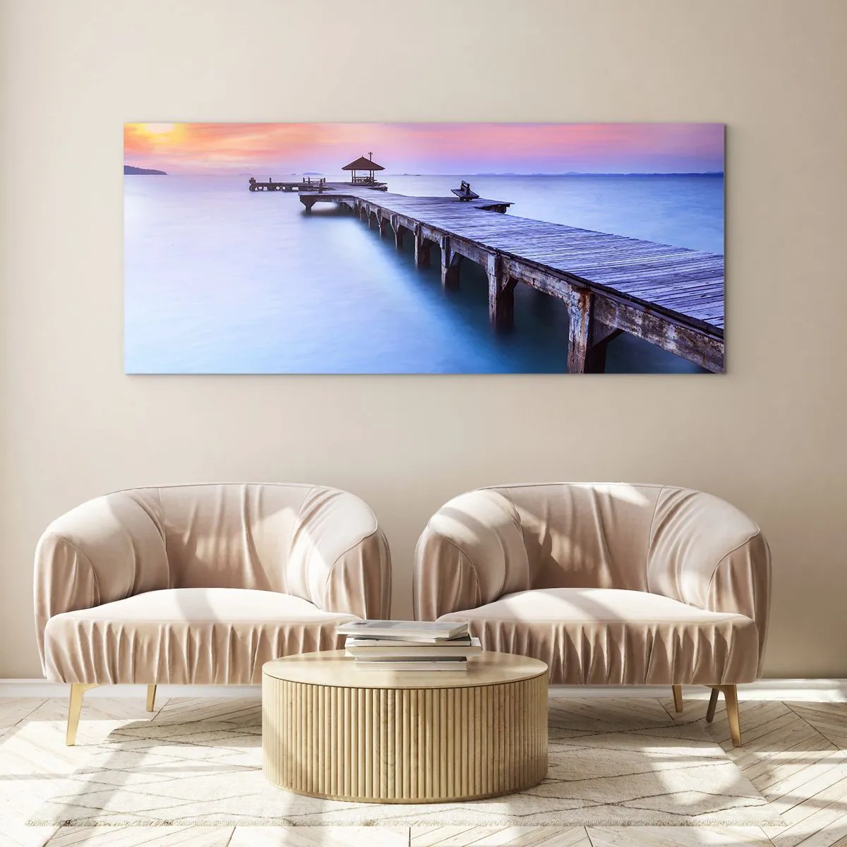 Quadro su vetro - Molo di legno che conduce all'acqua durante il tramonto - 160x50cm - Un mare di pace fino all'orizzonte - Decorazione murale moderna per soggiorno e camera da letto ARTTOR