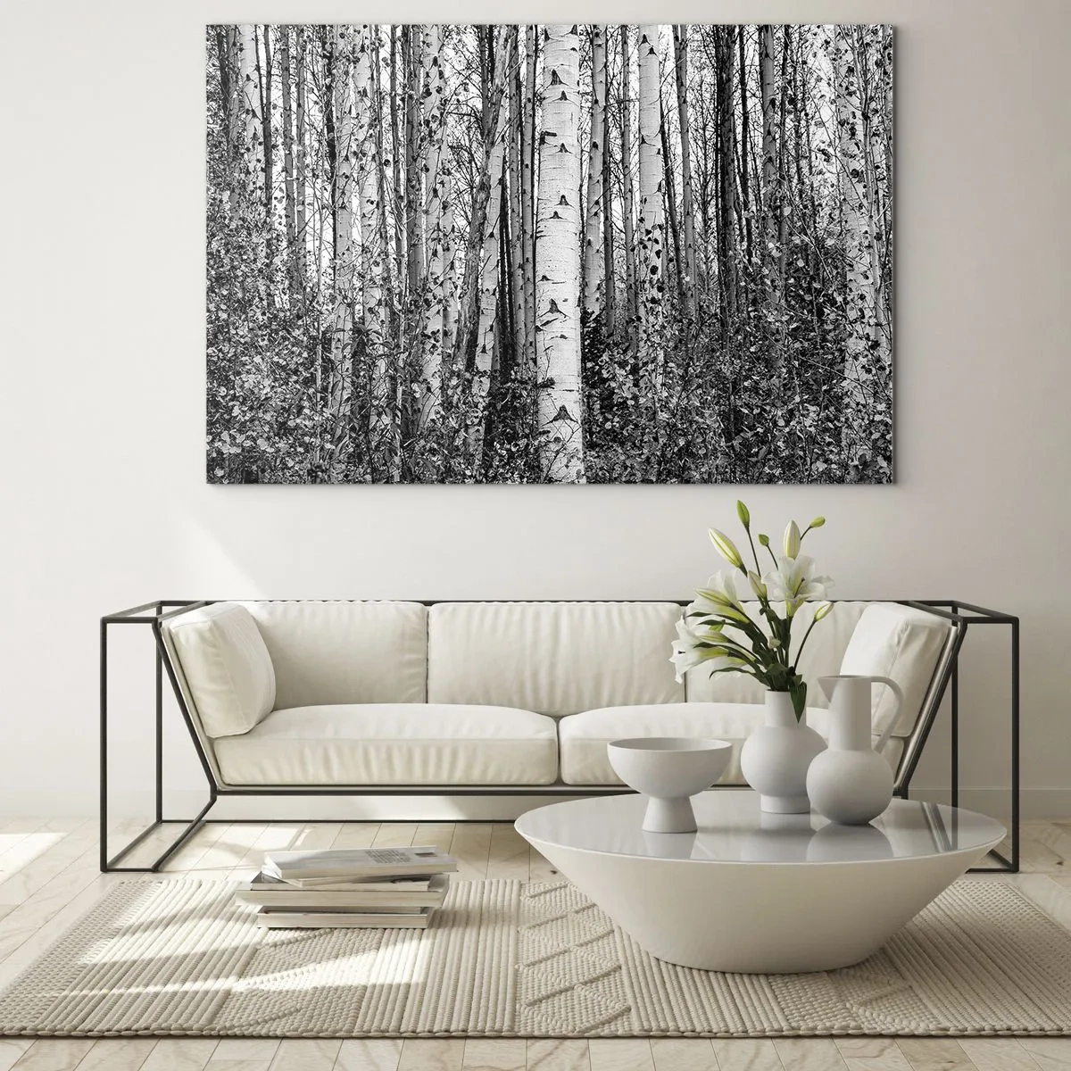 Quadro su vetro - Betulle bianche e nere creano un paesaggio forestale denso - 120x80cm - Colonnato di betulle - Decorazione murale moderna per soggiorno e camera da letto ARTTOR