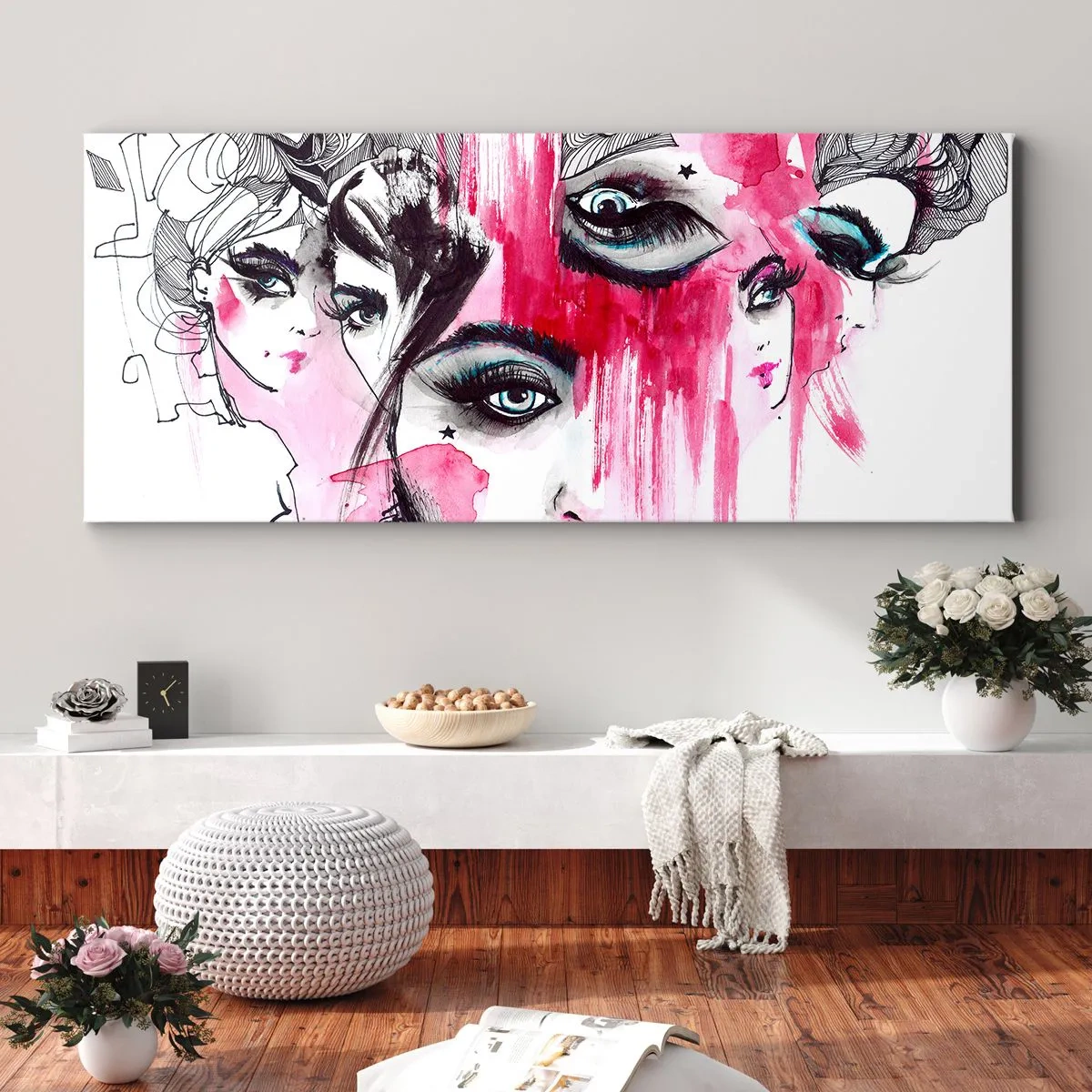 Quadro su tela - Stampe su Tela - Volto astratto nei toni del rosa e del nero - 120x50cm - Occhi astratti - Decorazione murale moderna per soggiorno e camera da letto ARTTOR