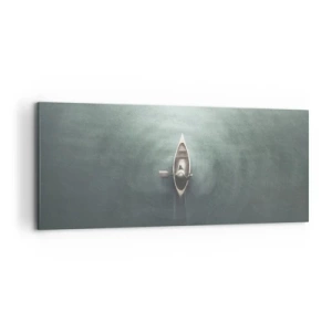 Quadro su tela - Stampe su Tela - Una barca solitaria su acque calme in un ambiente minimalista - 120x50cm - Nel lago al chiaro di luna - Decorazione murale moderna per soggiorno e camera da letto ARTTOR