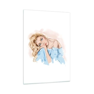 Quadro su vetro - Ritratto di una bionda in abito blu con sguardo pensieroso - 50x70cm - Sognante nel blu - Decorazione murale moderna per soggiorno e camera da letto ARTTOR