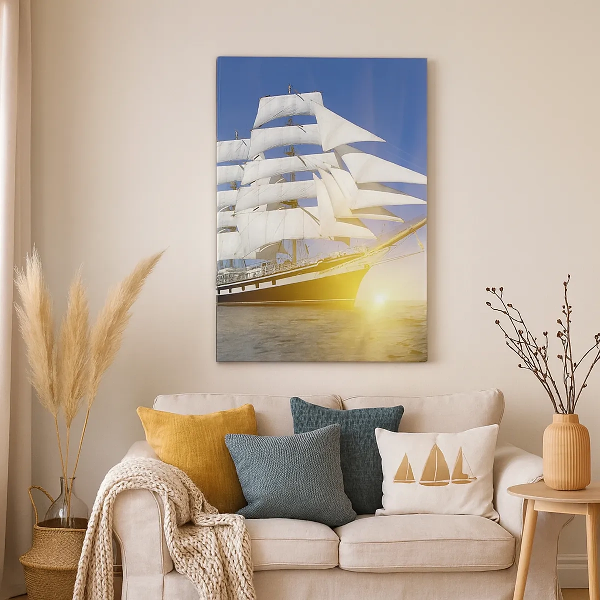 Quadro su tela - Stampe su Tela - Una nave a vela in mare alla luce del sole al tramonto - 50x70cm - Il loro tempo non passa mai - Decorazione murale moderna per soggiorno e camera da letto ARTTOR