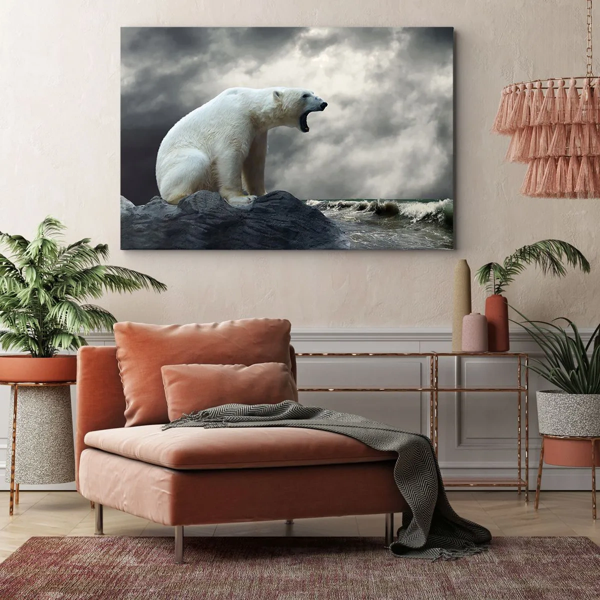 Quadro su tela - Stampe su Tela - Un orso polare sulle rocce sopra un mare in tempesta - 70x50cm - Il re solitario dell'Artide - Decorazione murale moderna per soggiorno e camera da letto ARTTOR