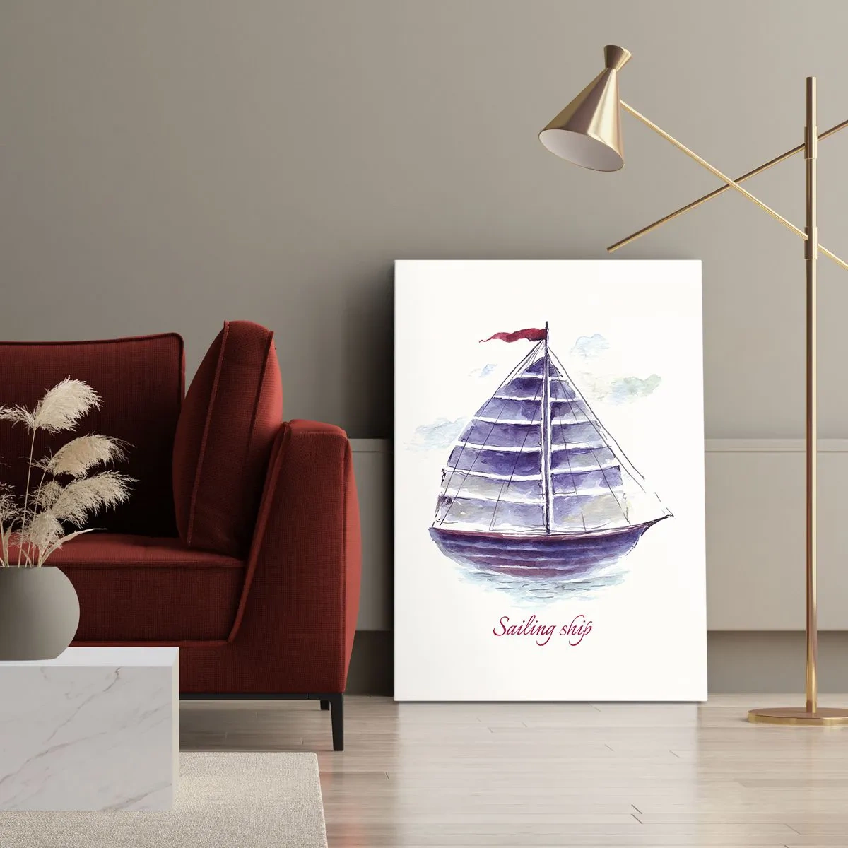 Quadro su tela - Stampe su Tela - Un dipinto ad acquerello di una barca a vela sull'acqua con una delicata iscrizione - 50x70cm - Gonfie vele e mare calmo - Decorazione murale moderna per soggiorno e camera da letto ARTTOR