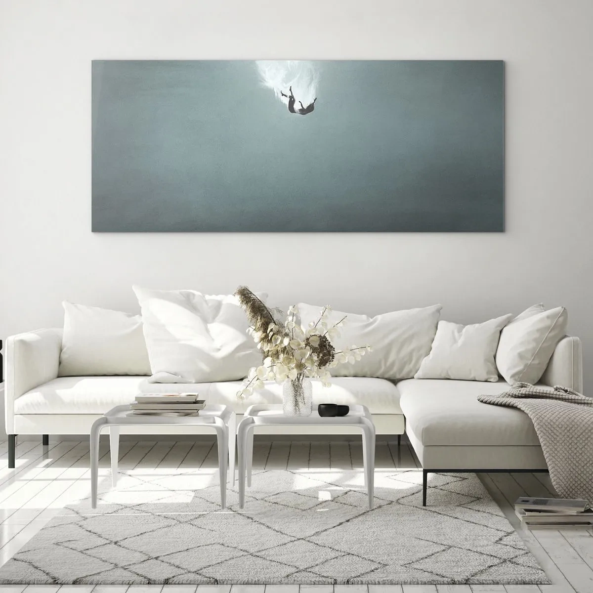 Quadro su vetro - Una figura immersa in acque profonde e turchesi - 120x50cm - Nell'abbraccio dell'oceano - Decorazione murale moderna per soggiorno e camera da letto ARTTOR