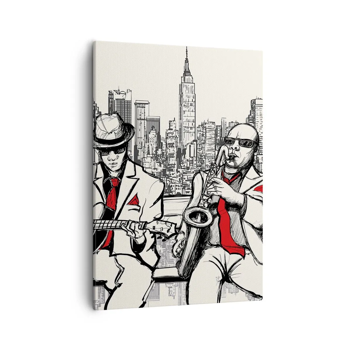 Quadro su tela - Stampe su Tela - Un duo jazz con sassofono e chitarra sullo sfondo della città - 50x70cm - Improvvisare a New York - Decorazione murale moderna per soggiorno e camera da letto ARTTOR