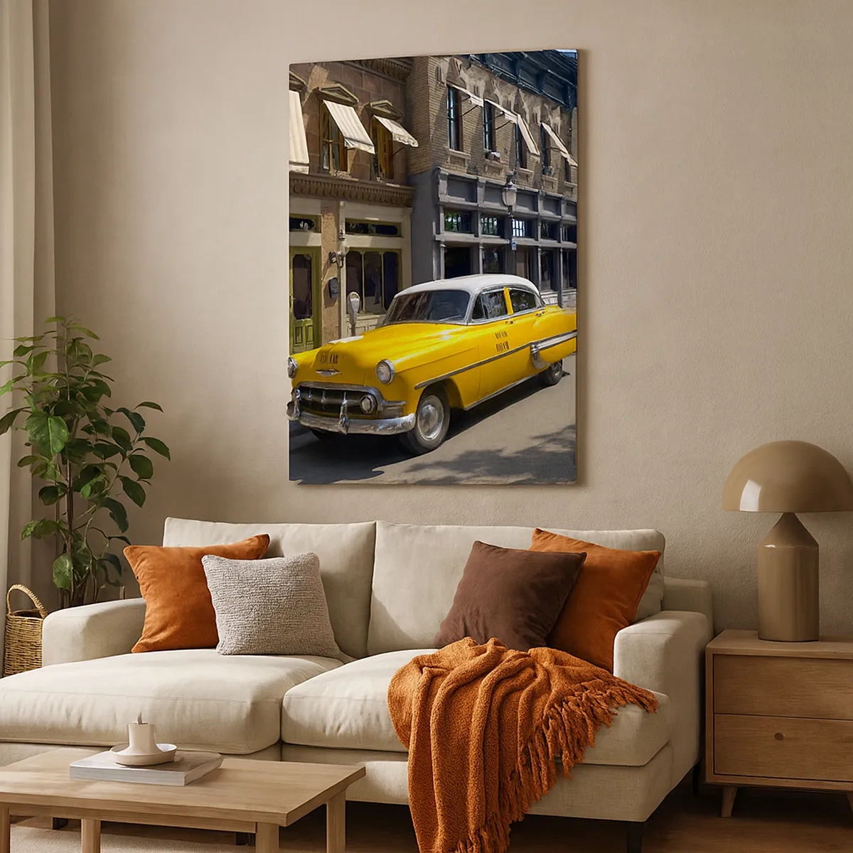 Quadro su tela - Stampe su Tela - Un taxi giallo su una strada fiancheggiata da case popolari - 50x70cm - Tanto tempo fa in America - Decorazione murale moderna per soggiorno e camera da letto ARTTOR