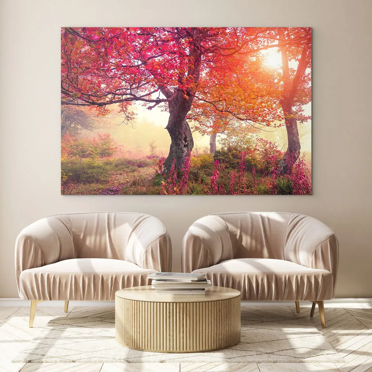 Quadro su vetro - Foresta autunnale con raggi di sole al mattino - 120x80cm - L'esplosione della fioritura - Decorazione murale moderna per soggiorno e camera da letto ARTTOR