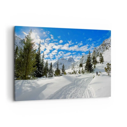 Quadro su tela - Stampe su Tela - Paesaggio montano invernale con foresta e sentiero nella neve - 120x80cm - Nella neve e nel sole - Decorazione murale moderna per soggiorno e camera da letto ARTTOR