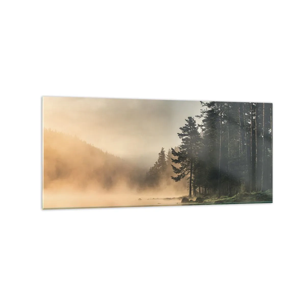 Quadro su vetro - Una foresta nebbiosa sopra un lago calmo - 120x50cm - La nascita del giorno - Decorazione murale moderna per soggiorno e camera da letto ARTTOR