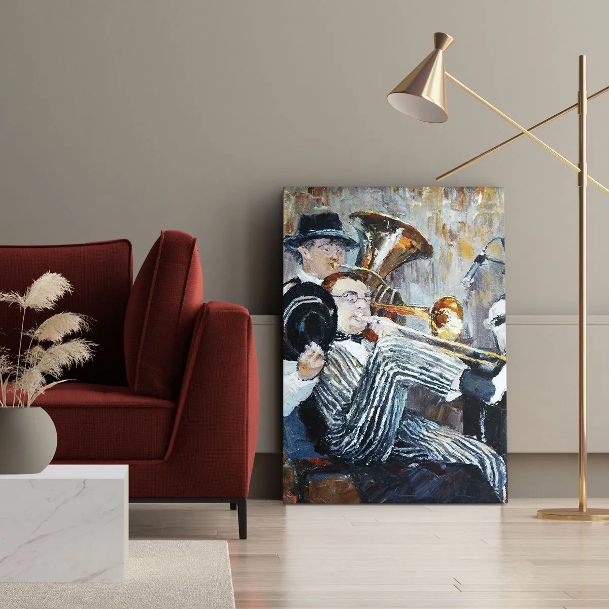 Quadro su tela - Stampe su Tela - Musicisti jazz in stile pittorico durante un concerto - 50x70cm - Tutto il jazz - Decorazione murale moderna per soggiorno e camera da letto ARTTOR