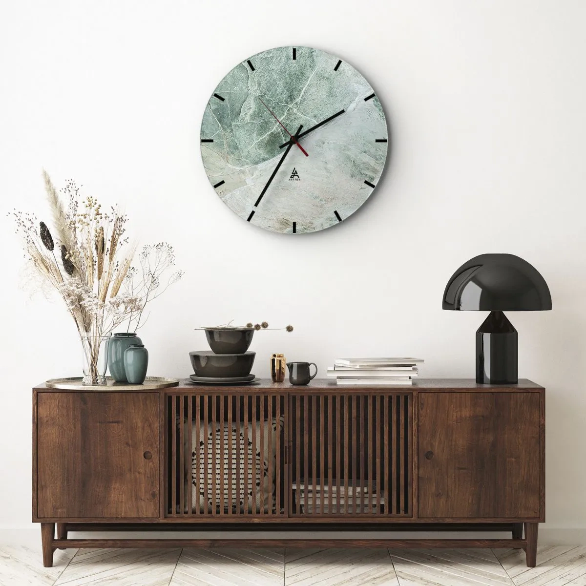 Orologio da parete - Orologio in Vetro - Motivo in marmo verde in una tonalità fredda - 30x30cm - Il freddo nobile della pietra - Decorazione murale moderna per soggiorno, cucina e camera da letto ARTTOR