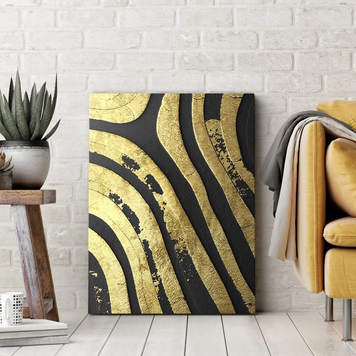 Quadro su tela - Stampe su Tela - Onde astratte dorate su sfondo nero - 50x70cm - Tutto scorre - Decorazione murale moderna per soggiorno e camera da letto ARTTOR