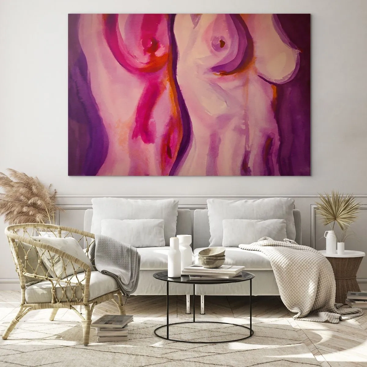 Quadro su vetro - Un'interpretazione artistica delle silhouette femminili nelle tonalità del rosa e del viola. - 100x70cm - Ode alla femminilità - Decorazione murale moderna per soggiorno e camera da letto ARTTOR