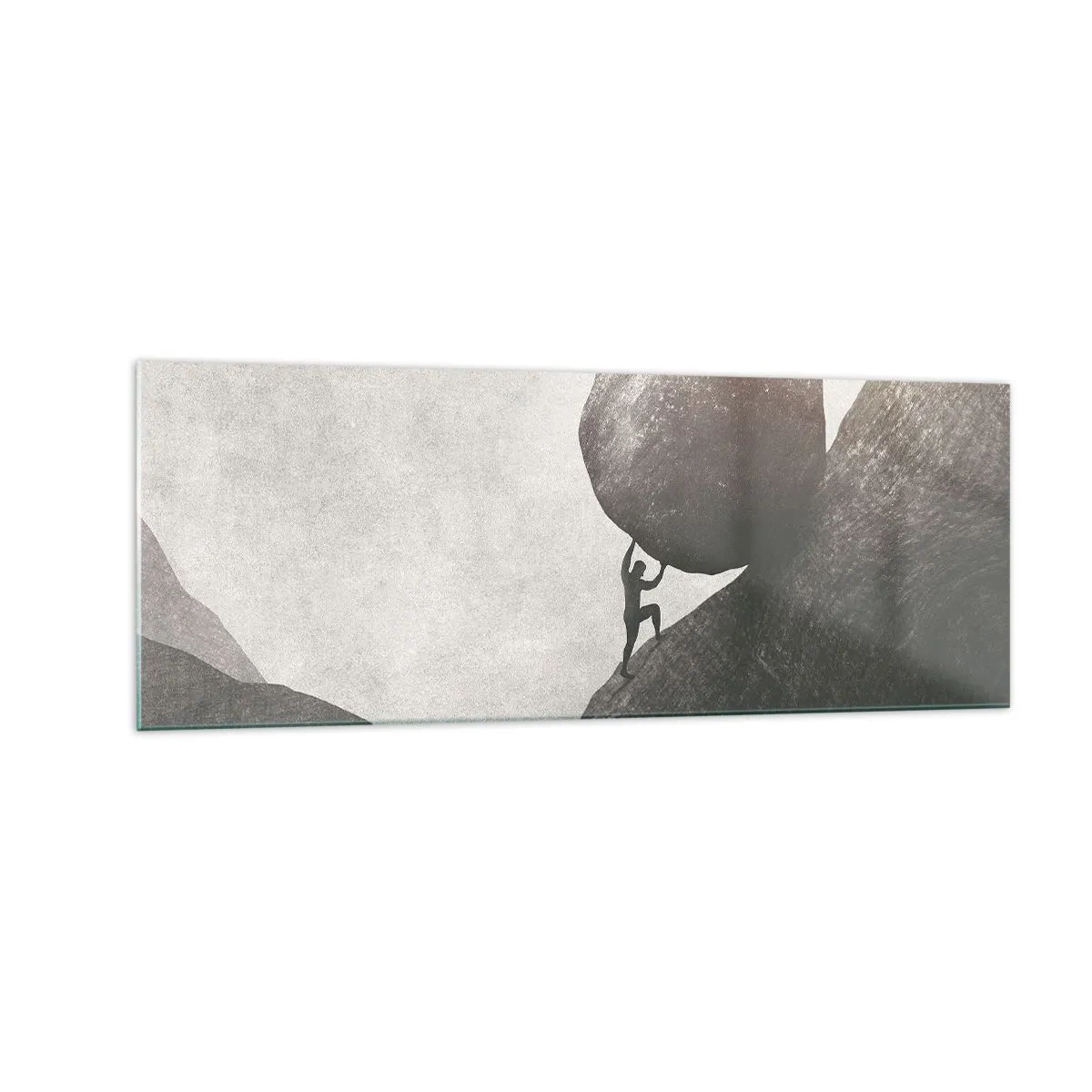 Quadro su vetro - Un uomo che scala un enorme masso su una collina - 140x50cm - Credo contro ogni speranza - Decorazione murale moderna per soggiorno e camera da letto ARTTOR