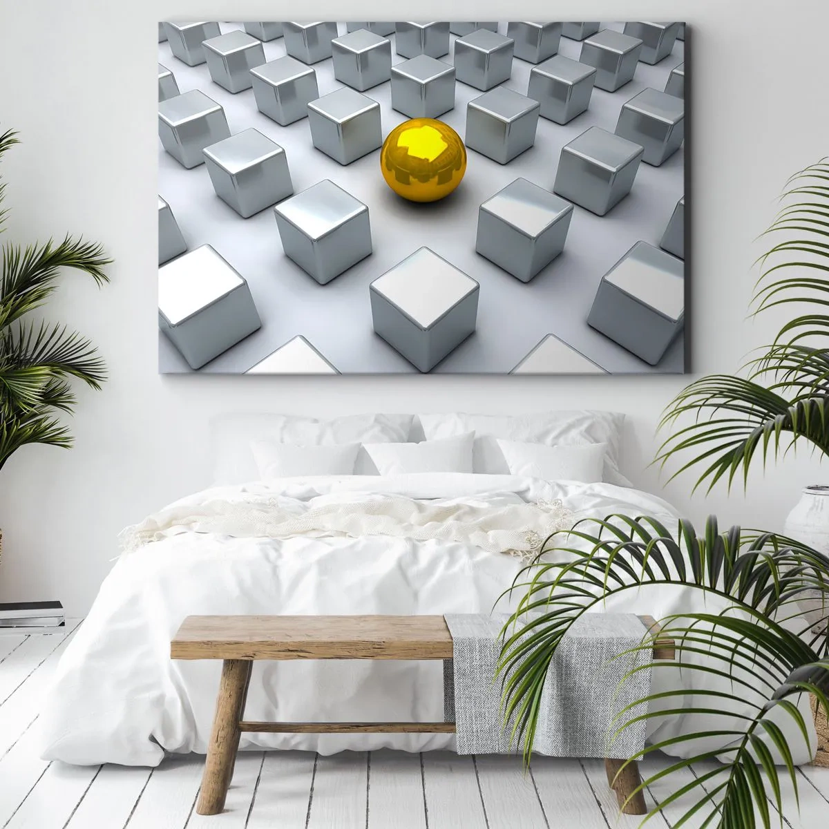 Quadro su tela - Stampe su Tela - Una sfera dorata che spicca tra i cubi d'argento - 100x70cm - Perché io? Composizione geometrica - Decorazione murale moderna per soggiorno e camera da letto ARTTOR