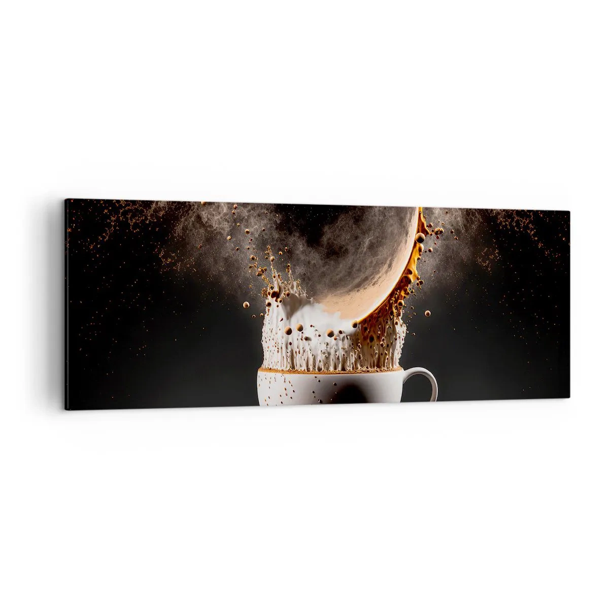 Quadro su tela - Stampe su Tela - Una tazza di caffè con un'esplosione dinamica di liquido su uno sfondo nero. - 140x50cm - Esplosione di sapore - Decorazione murale moderna per soggiorno e camera da letto ARTTOR