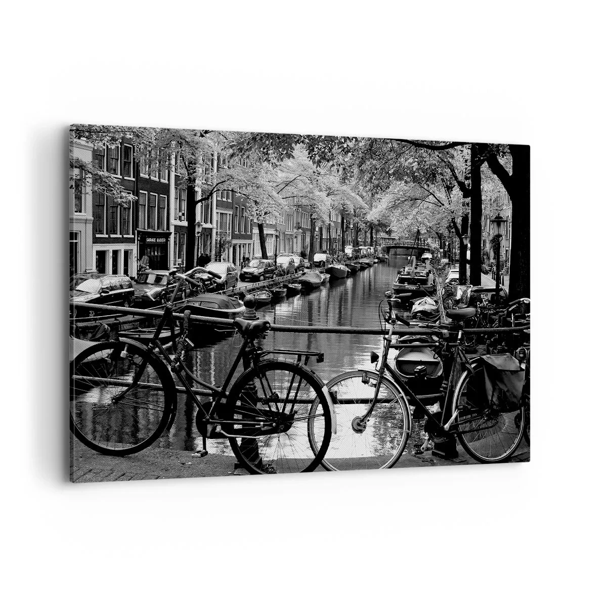Quadro su tela - Stampe su Tela - Canale con biciclette in fotografia in bianco e nero - 100x70cm - Vista molto olandese - Decorazione murale moderna per soggiorno e camera da letto ARTTOR