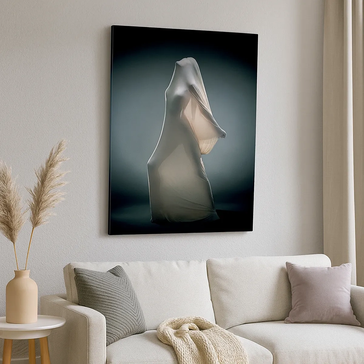 Quadro su tela - Stampe su Tela - Una figura in tessuto bianco su uno sfondo scuro - 50x70cm - Desideri nascosti - Decorazione murale moderna per soggiorno e camera da letto ARTTOR