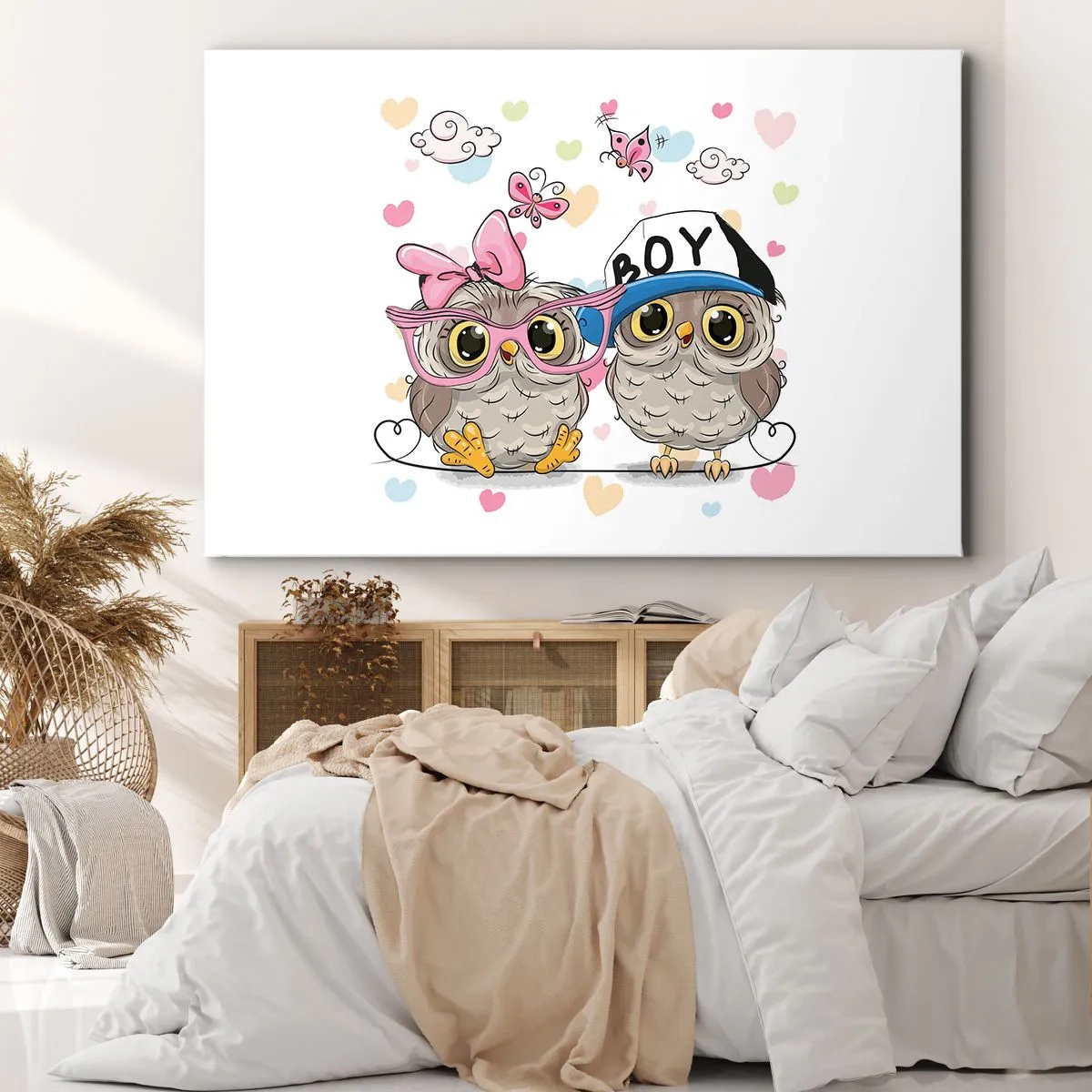 Quadro su tela - Stampe su Tela - Due adorabili gufi circondati da cuori - 120x80cm - Amiamoci! - Decorazione murale moderna per soggiorno e camera da letto ARTTOR