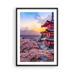 Poster in cornice nera - Una pagoda con vista sul Monte Fuji circondata da fiori di ciliegio al tramonto - 50x70cm - L'essenza dell'anima giapponese - Decorazione murale moderna per soggiorno e camera da letto ARTTOR