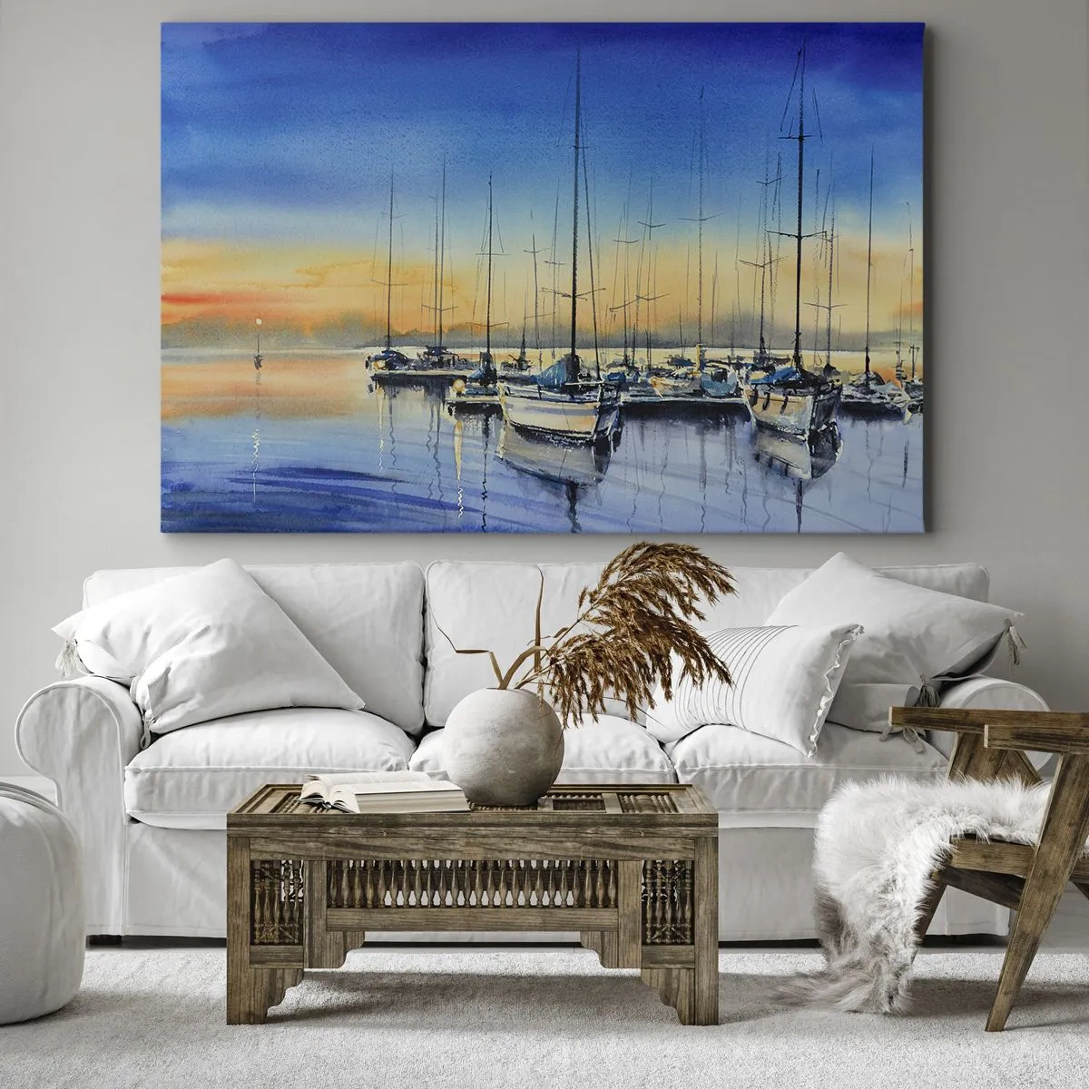Quadro su tela - Stampe su Tela - Porto degli yacht al tramonto con riflessi sull'acqua - 100x70cm - La fine di una buona giornata - Decorazione murale moderna per soggiorno e camera da letto ARTTOR