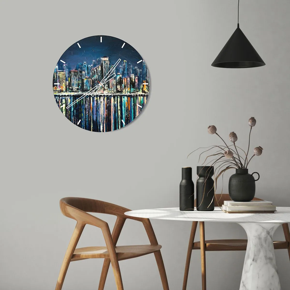 Orologio da parete - Orologio in Vetro - Panorama notturno della città con riflessi di luce sull'acqua - 30x30cm - Cascata di luci - Decorazione murale moderna per soggiorno, cucina e camera da letto ARTTOR