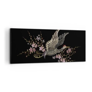 Quadro su tela - Stampe su Tela - Un uccello in volo con fiori su sfondo nero - 120x50cm - Uccello esotico ricamato - Decorazione murale moderna per soggiorno e camera da letto ARTTOR