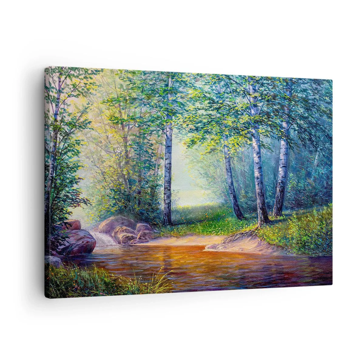 Quadro su tela - Stampe su Tela - Un ruscello nella foresta circondato da betulle e sole - 70x50cm - Scena di beatitudine - Decorazione murale moderna per soggiorno e camera da letto ARTTOR
