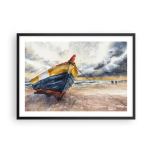 Poster in cornice nera - Una pittoresca barca sulla spiaggia sotto un cielo nuvoloso - 70x50cm - Riposo sulla riva - Decorazione murale moderna per soggiorno e camera da letto ARTTOR