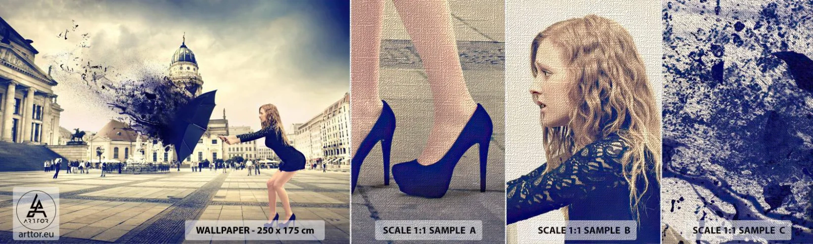 Campione di Fotomurale Premium Canvas - C'è un vento tale... - Donna, Città, Ombrello misterioso - 100x30 cm