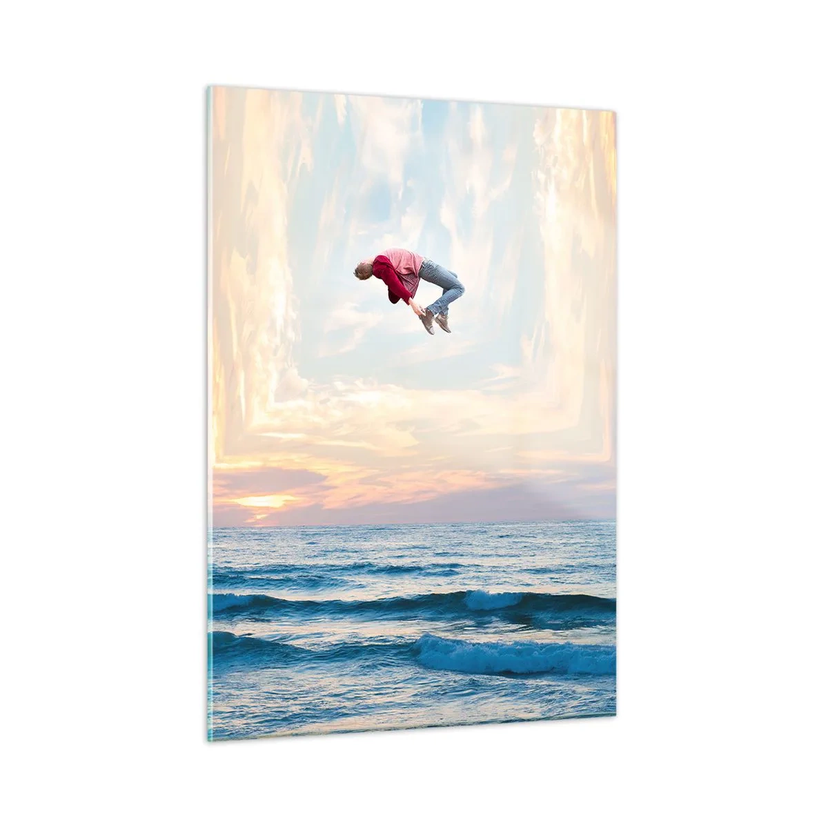Quadro su vetro - Un uomo che salta sul mare in una cornice surreale - 50x70cm - In un'altra dimensione - Decorazione murale moderna per soggiorno e camera da letto ARTTOR