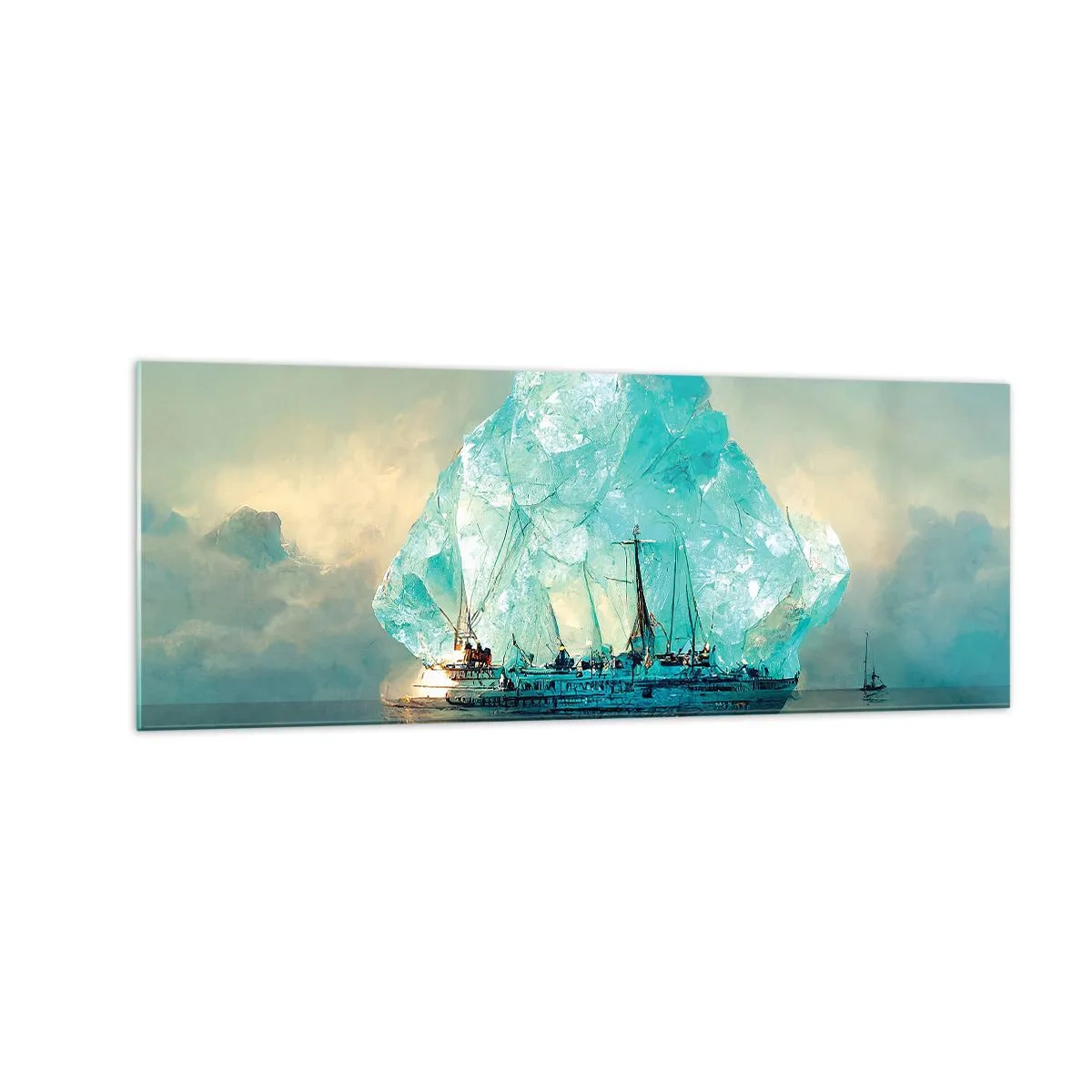 Quadro su vetro - Una nave con un maestoso iceberg sullo sfondo - 140x50cm - Brillante artico - Decorazione murale moderna per soggiorno e camera da letto ARTTOR