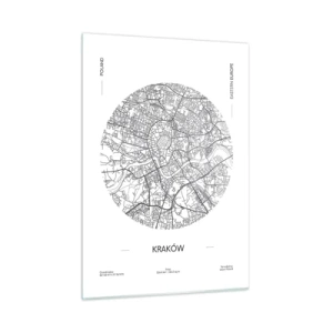 Quadro su vetro - Una mappa di Cracovia in stile illustrazione in bianco e nero - 50x70cm - Anatomia di Cracovia - Decorazione murale moderna per soggiorno e camera da letto ARTTOR
