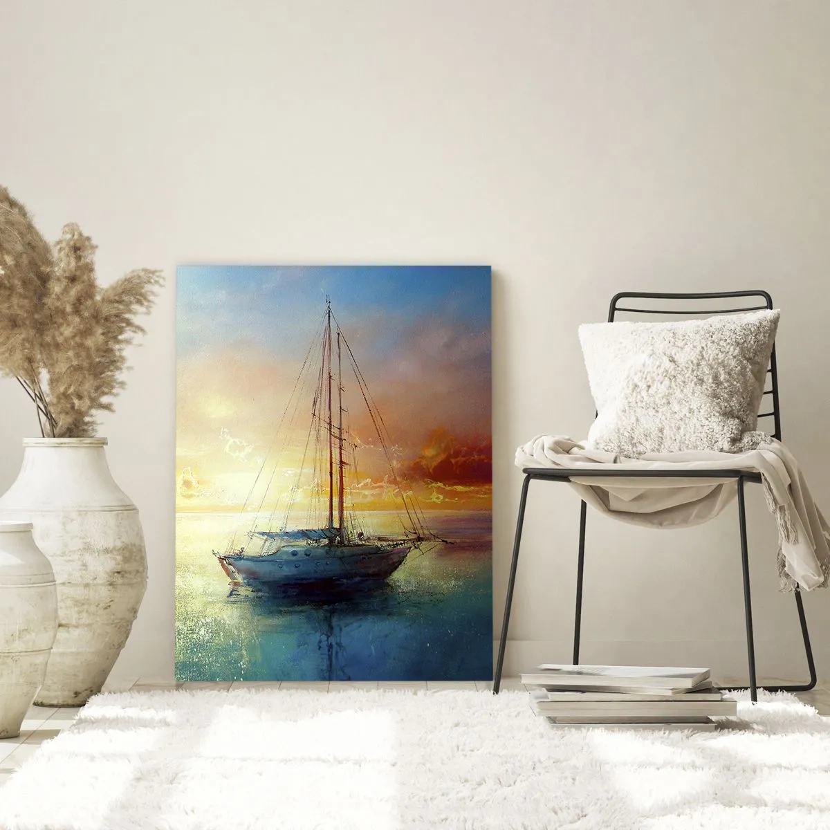 Quadro su vetro - Una barca a vela su un mare calmo al tramonto dorato - 50x70cm - Nella baia dorata - Decorazione murale moderna per soggiorno e camera da letto ARTTOR