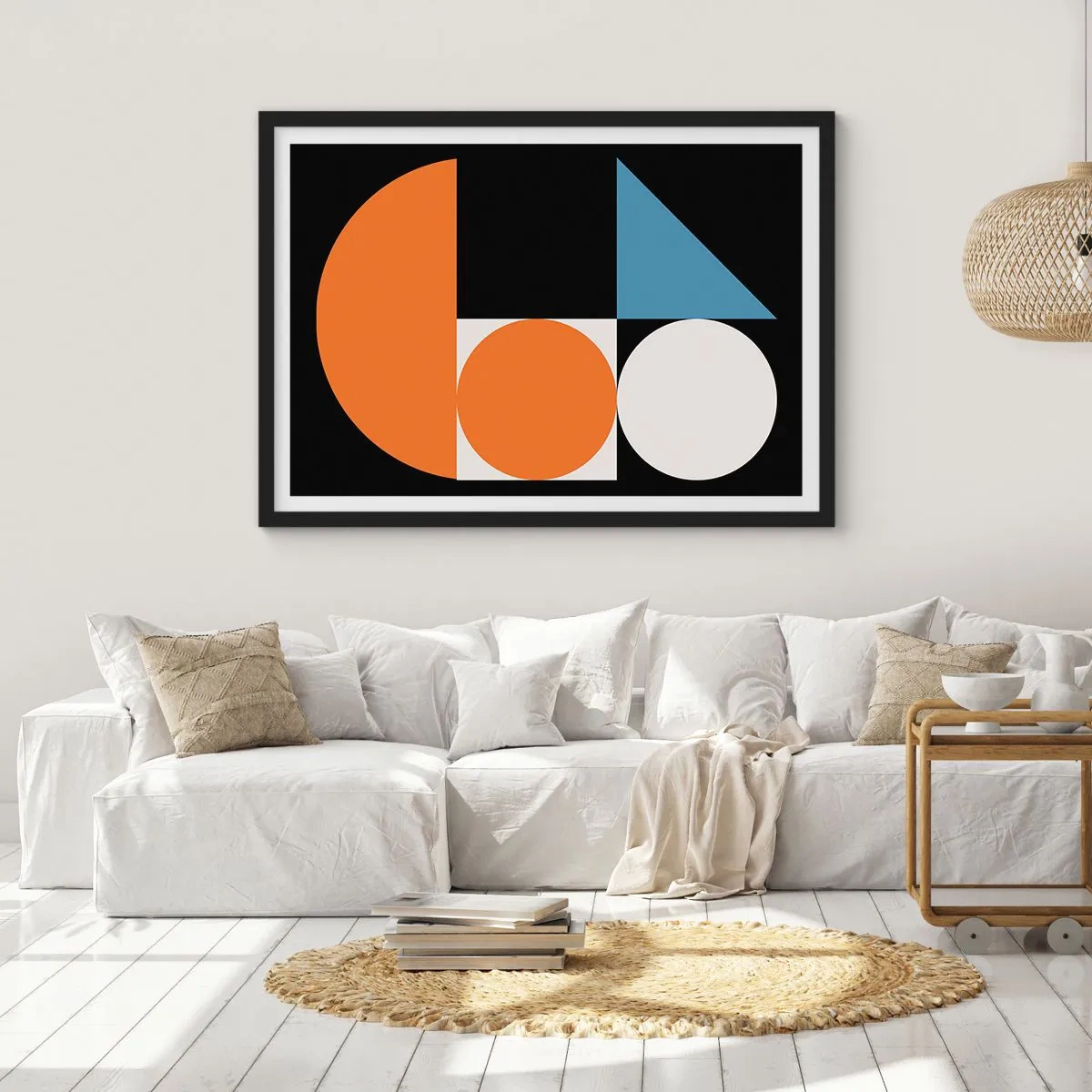Poster in cornice nera - Motivo geometrico con forme colorate su sfondo nero - 100x70cm - Composizione di figure - Decorazione murale moderna per soggiorno e camera da letto ARTTOR