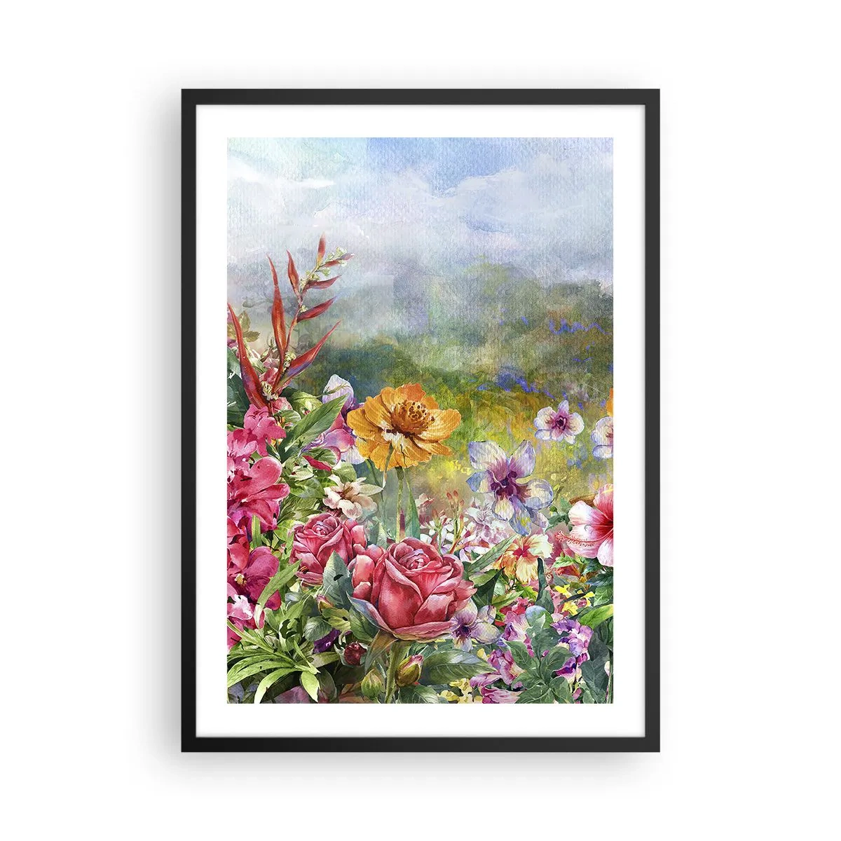 Poster in cornice nera - Un campo di fiori in una giornata di sole - 50x70cm - Il giardino impazzito - Decorazione murale moderna per soggiorno e camera da letto ARTTOR