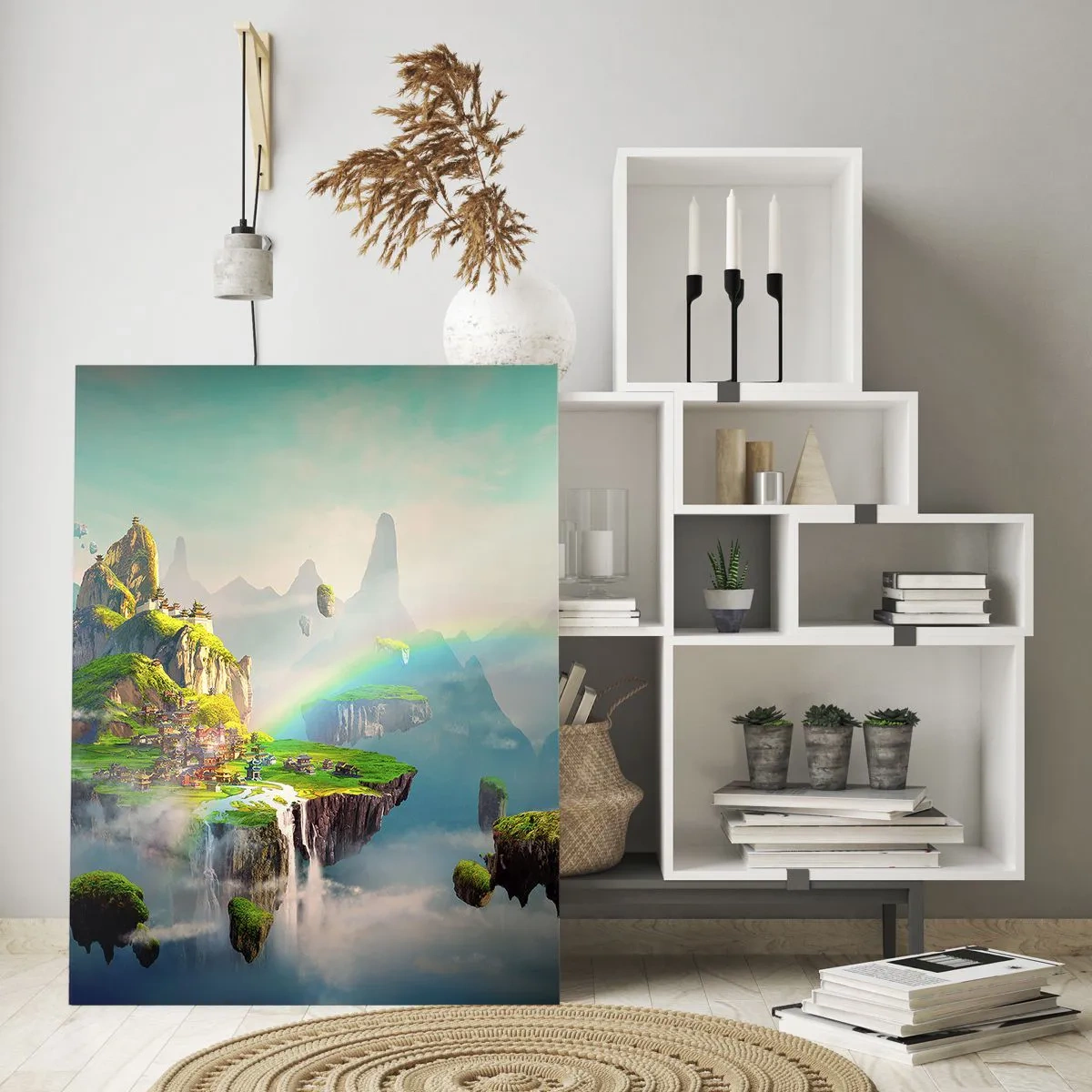 Quadro su vetro - Isole volanti tra le nuvole con un arcobaleno all'orizzonte - 80x120cm - In mezzo al cielo: isole fortunate - Decorazione murale moderna per soggiorno e camera da letto ARTTOR