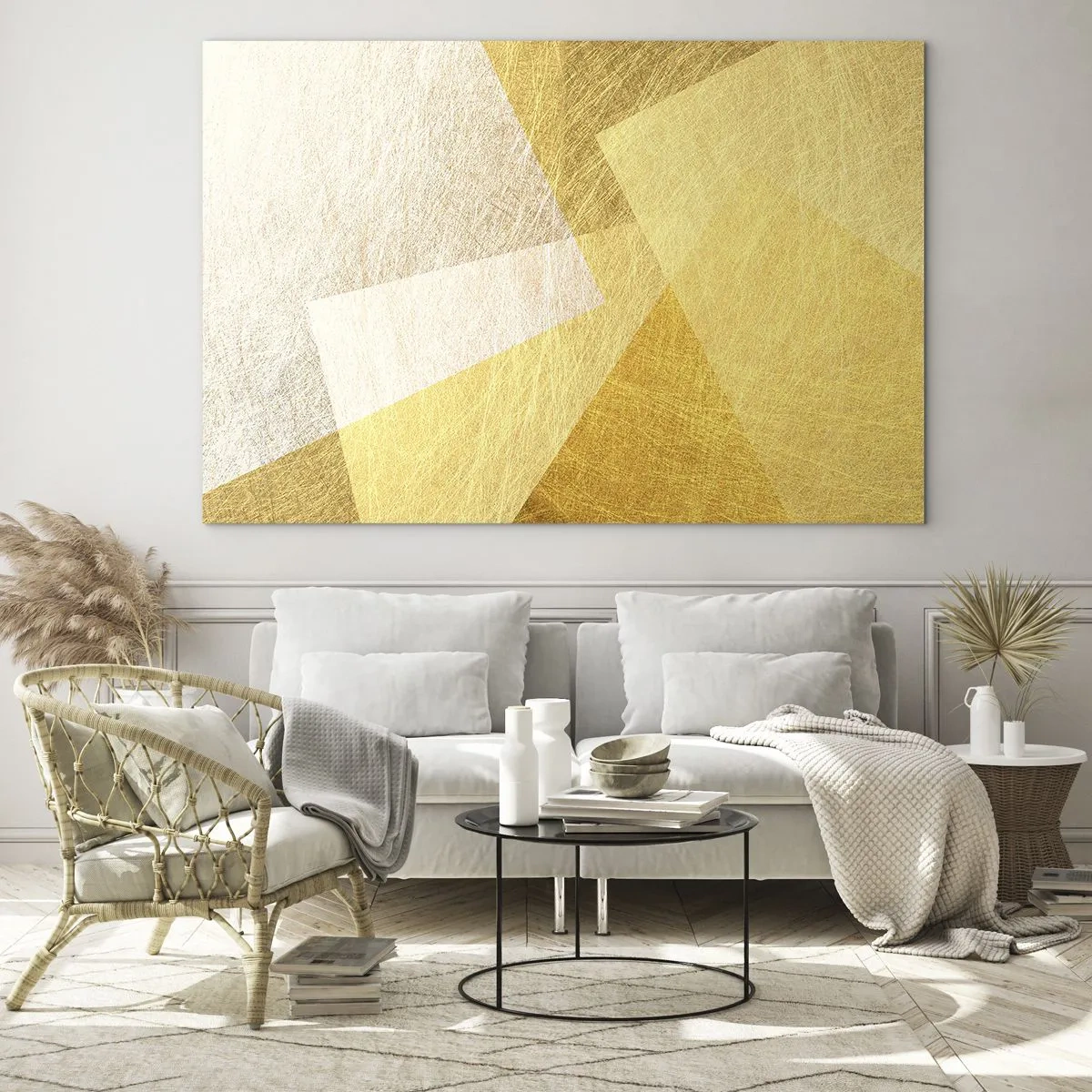 Quadro su vetro - Forme geometriche dorate con una texture metallica e leggera - 70x50cm - La pace della geometria - Decorazione murale moderna per soggiorno e camera da letto ARTTOR