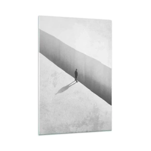 Quadro su vetro - Una figura solitaria è in piedi su un profondo abisso in un ambiente monocromatico. - 70x100cm - Un obiettivo chiaro - Decorazione murale moderna per soggiorno e camera da letto ARTTOR