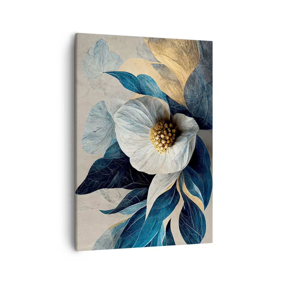 Quadro su tela - Stampe su Tela - Un fiore con foglie blu su uno sfondo elegante - 50x70cm - Ha un cuore d'oro - Decorazione murale moderna per soggiorno e camera da letto ARTTOR