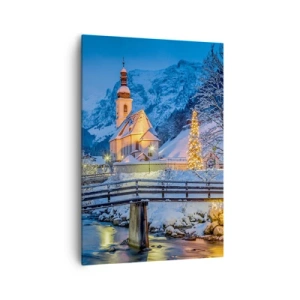 Quadro su tela - Stampe su Tela - Paesaggio invernale con una chiesa, un ponte e montagne al tramonto - 70x100cm - Lo spirito di Natale - Decorazione murale moderna per soggiorno e camera da letto ARTTOR