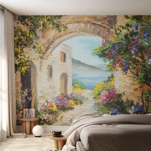 Fotomurali Standard Eco - La bellezza della provincia costiera - Architettura, Grecia, Fiori - 350x256 cm