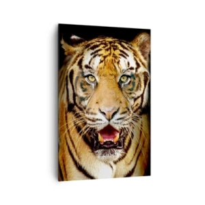 Quadro su tela - Stampe su Tela - Una tigre con la bocca aperta su uno sfondo nero - 80x120cm - Cuore selvatico - Decorazione murale moderna per soggiorno e camera da letto ARTTOR